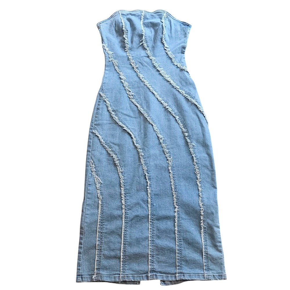 SHEIN Light Wash Denim Strapless Midi Dress Frayed Trim Size S‎ Slit Y2K 90s
